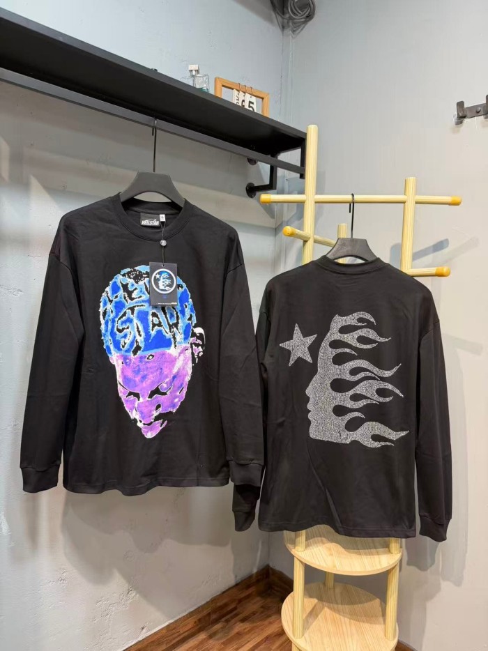 Hellstar Studio Blue Purple Portrait Print Back Rhinestone Face Flame Star Long Sleeve T-Shirt 2 colors 29468625