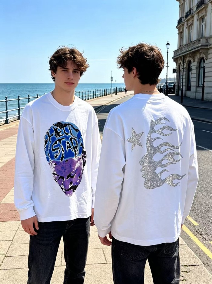 Hellstar Studio Blue Purple Portrait Print Back Rhinestone Face Flame Star Long Sleeve T-Shirt 2 colors 29468625