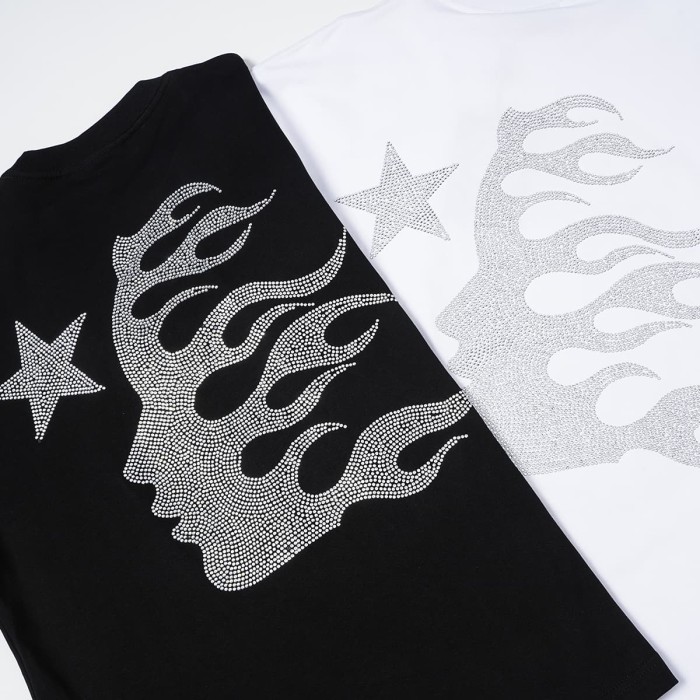Hellstar Studio Blue Purple Portrait Print Back Rhinestone Face Flame Star Long Sleeve T-Shirt 2 colors 29468625