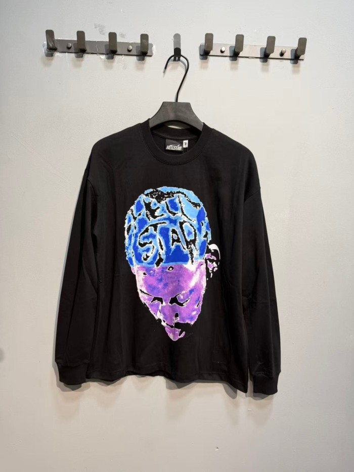Hellstar Studio Blue Purple Portrait Print Back Rhinestone Face Flame Star Long Sleeve T-Shirt 2 colors 29468625