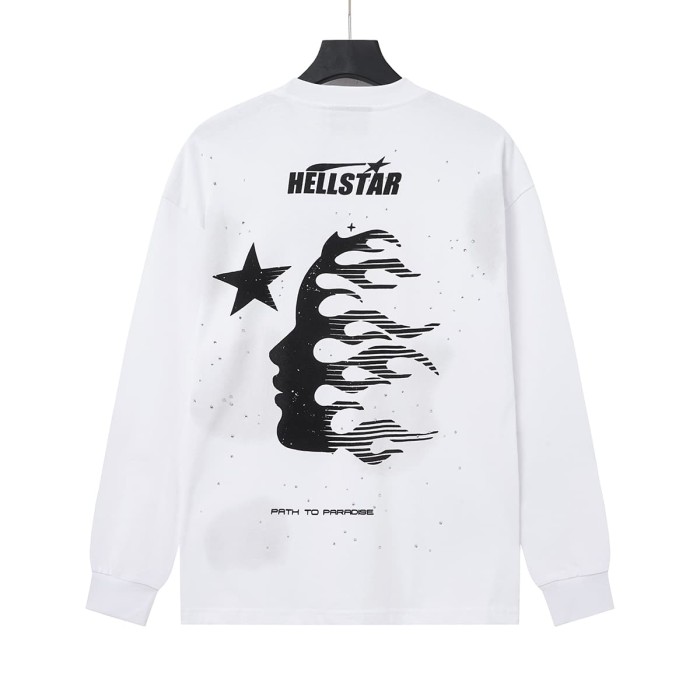 Hellstar Studio Nebula Smoke Print Hotfix Rhinestone Letter Flame Face Star Long Sleeve T-Shirt 2 colors 29468657