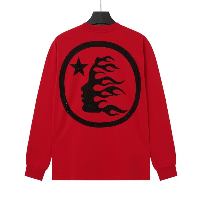 Hellstar Studio Abstract Logo Bold Text Print Circle Hotfix Rhinestone Profile Flame Long Sleeve T-Shirt 29468636