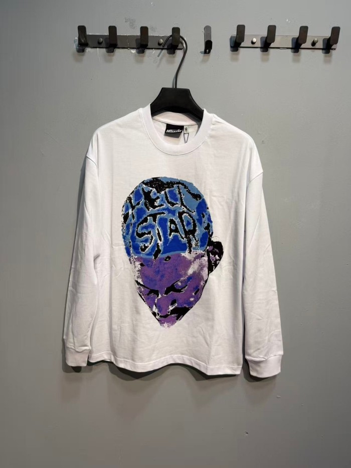 Hellstar Studio Blue Purple Portrait Print Back Rhinestone Face Flame Star Long Sleeve T-Shirt 2 colors 29468625