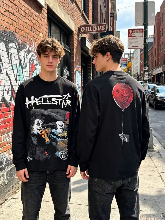 Hellstar Studio Scary Clown Distressed Typography Star Print Red Balloon Hand String Long Sleeve T-Shirt  29468691