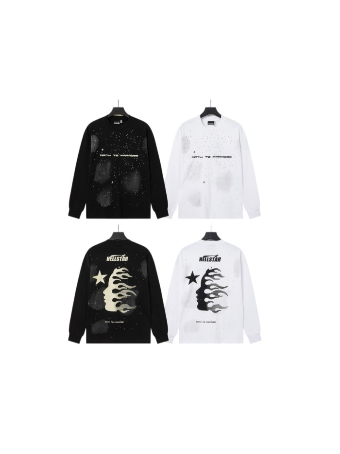 Hellstar Studio Nebula Smoke Print Hotfix Rhinestone Letter Flame Face Star Long Sleeve T-Shirt 2 colors 29468657