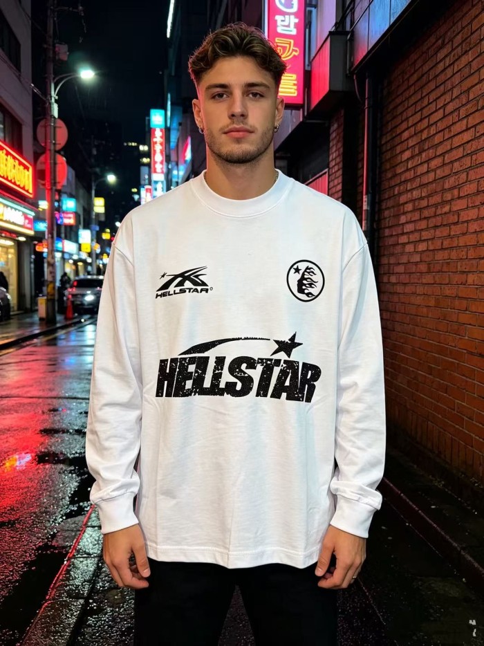 Hellstar Studio Multi Logo Combo Print Back Rhinestone Circle Face Flame Star Long Sleeve T-Shirt 29468650