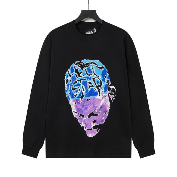 Hellstar Studio Blue Purple Portrait Print Back Rhinestone Face Flame Star Long Sleeve T-Shirt 2 colors 29468625