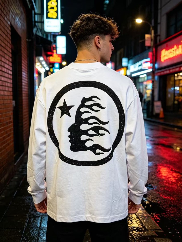 Hellstar Studio Multi Logo Combo Print Back Rhinestone Circle Face Flame Star Long Sleeve T-Shirt 29468650