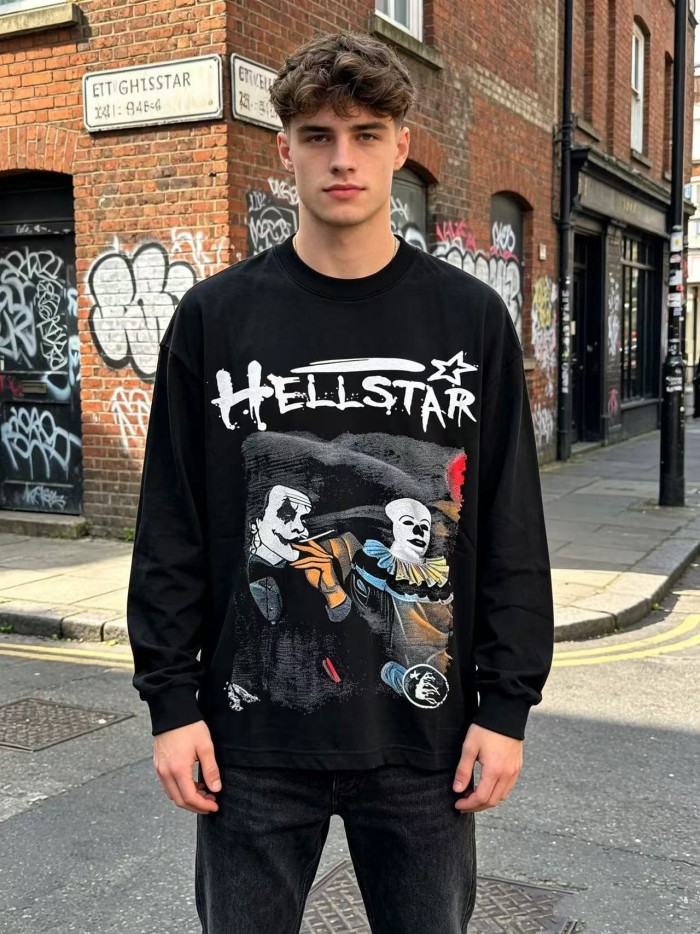 Hellstar Studio Scary Clown Distressed Typography Star Print Red Balloon Hand String Long Sleeve T-Shirt  29468691