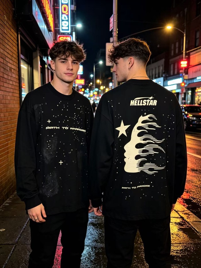 Hellstar Studio Nebula Smoke Print Hotfix Rhinestone Letter Flame Face Star Long Sleeve T-Shirt 2 colors 29468657