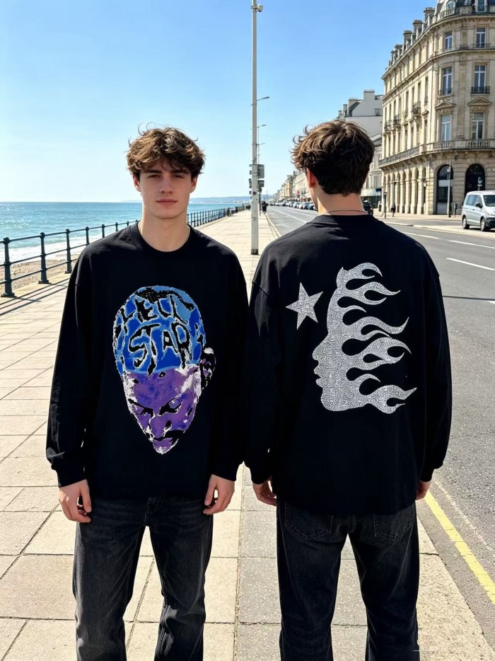 Hellstar Studio Blue Purple Portrait Print Back Rhinestone Face Flame Star Long Sleeve T-Shirt 2 colors 29468625