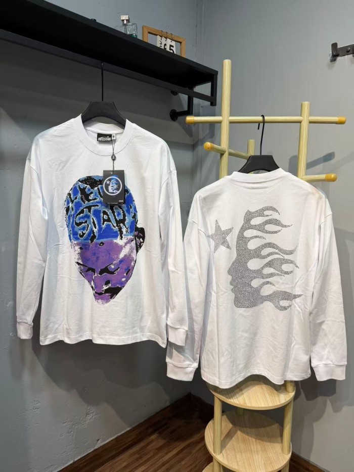 Hellstar Studio Blue Purple Portrait Print Back Rhinestone Face Flame Star Long Sleeve T-Shirt 2 colors 29468625