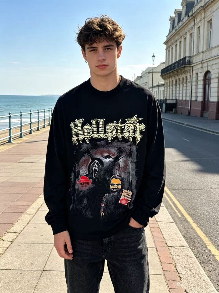 Hellstar Studio Horror Movie Scene Print Back Cracked Face Flame Long Sleeve T-Shirt  29468677