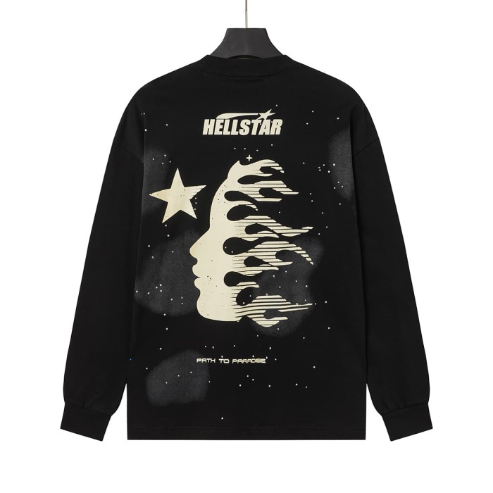 Hellstar Studio Nebula Smoke Print Hotfix Rhinestone Letter Flame Face Star Long Sleeve T-Shirt 2 colors 29468657