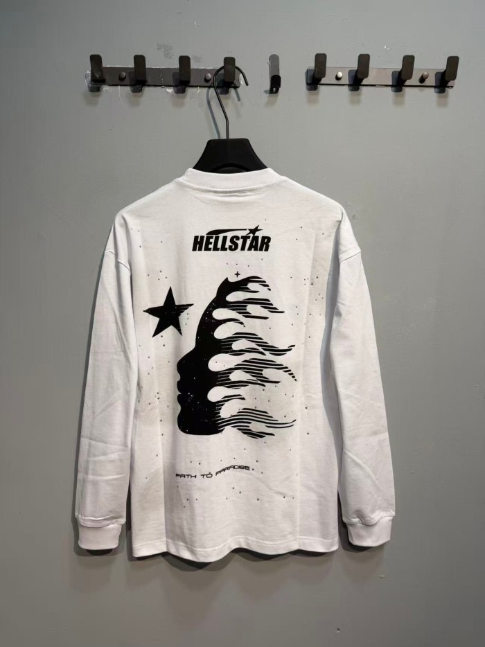 Hellstar Studio Nebula Smoke Print Hotfix Rhinestone Letter Flame Face Star Long Sleeve T-Shirt 2 colors 29468657