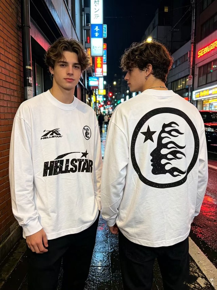 Hellstar Studio Multi Logo Combo Print Back Rhinestone Circle Face Flame Star Long Sleeve T-Shirt 29468650
