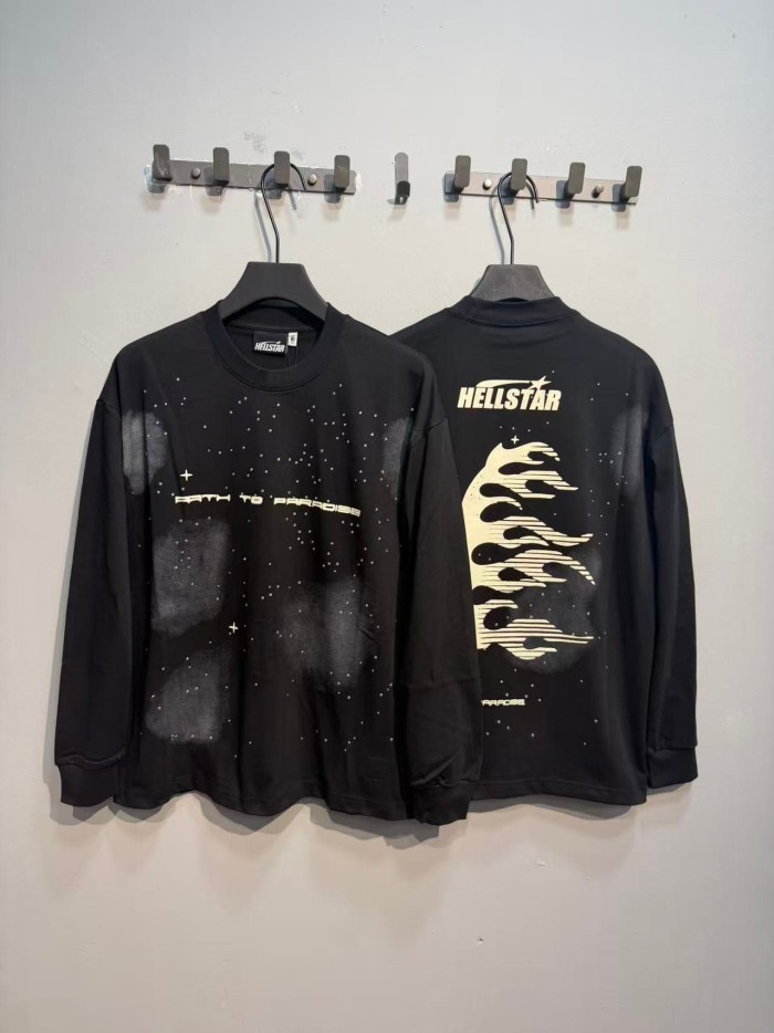 Hellstar Studio Nebula Smoke Print Hotfix Rhinestone Letter Flame Face Star Long Sleeve T-Shirt 2 colors 29468657