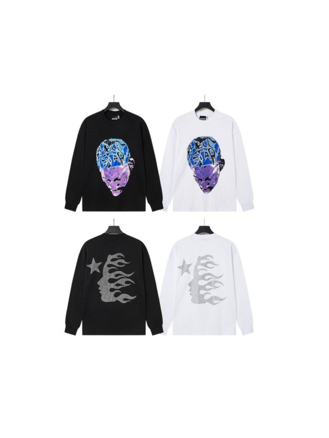 Hellstar Studio Blue Purple Portrait Print Back Rhinestone Face Flame Star Long Sleeve T-Shirt 2 colors 29468625