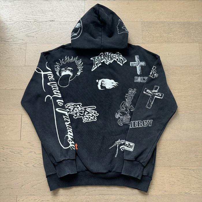 Hellstar Studio Washed All Over Hand Drawn Doodle Graffiti Print Cotton French Terry hoodie & pants set 29471163