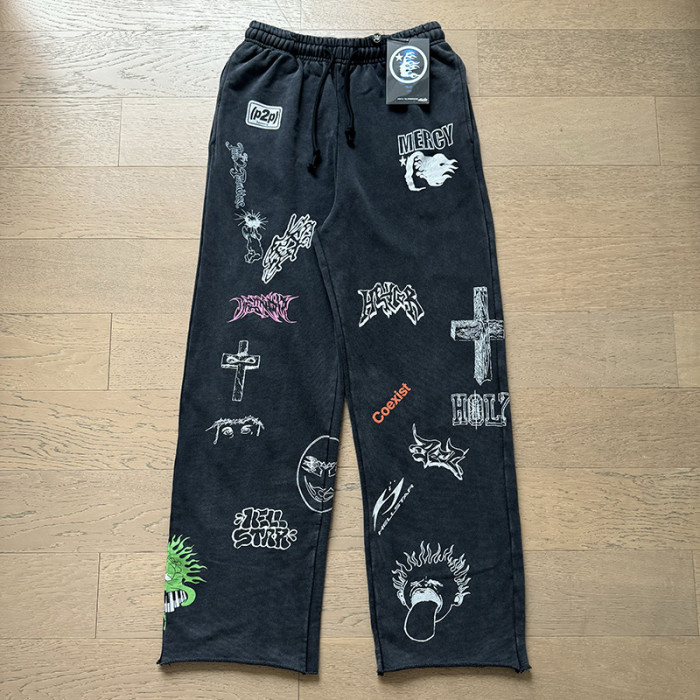 Hellstar Studio Washed All Over Hand Drawn Doodle Graffiti Print Cotton French Terry hoodie & pants set 29471163