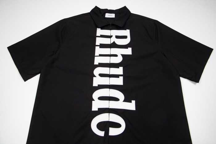 Rhude Black Vertical Large Logo Zip Up Loose Polo Woven Shirt 29471945