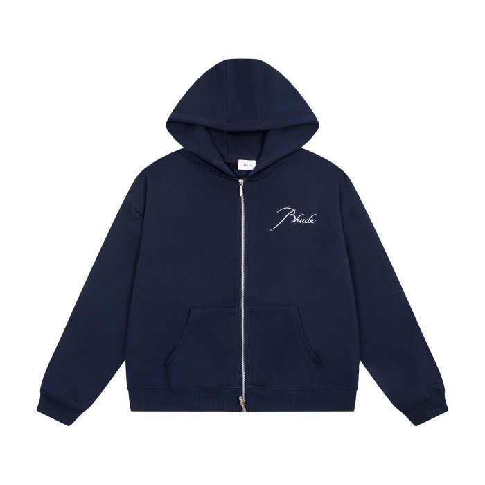 Rhude 1:1 quality version Script Signature Logo Curved Panel Seam Full Zip Hoodie 4 colors 29471958