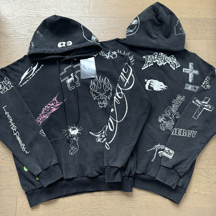 Hellstar Studio Washed All Over Hand Drawn Doodle Graffiti Print Cotton French Terry hoodie & pants set 29471163
