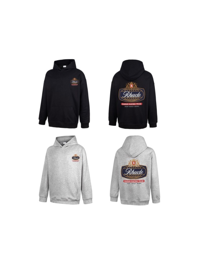 Rhude Vintage Rally Racing Globe Double Lion Crest Print French Terry Pullover Hoodie 2 colors 29471305