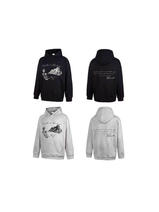Rhude French Vintage Illustration Handwritten Text Print Pullover Hoodie 2 colors 29471897