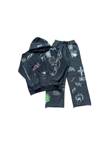 Hellstar Studio Washed All Over Hand Drawn Doodle Graffiti Print Cotton French Terry hoodie & pants set 29471163