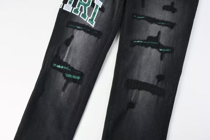 Amiri 1:1 quality version Wash Green Camo Letter Patch Frayed Ripped Skinny Denim Jeans 29474848