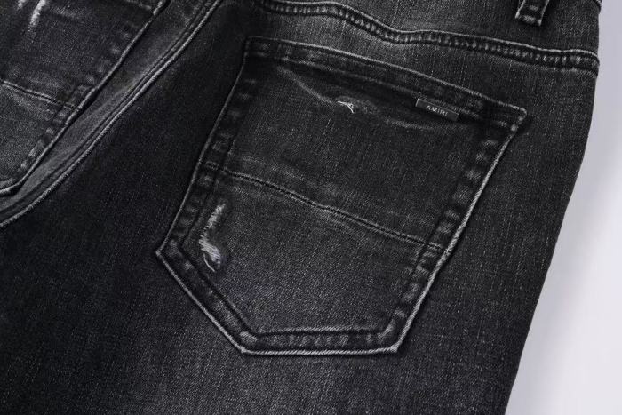 Amiri 1:1 quality version Wash Black Leather Letter Patch Mesh Underlay Frayed Ripped Jeans 29474963