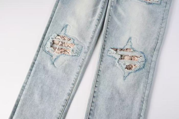 Amiri 1:1 quality version Heavy Wash Snakeskin Patch Frayed Ripped Skinny Denim Jeans 29474841
