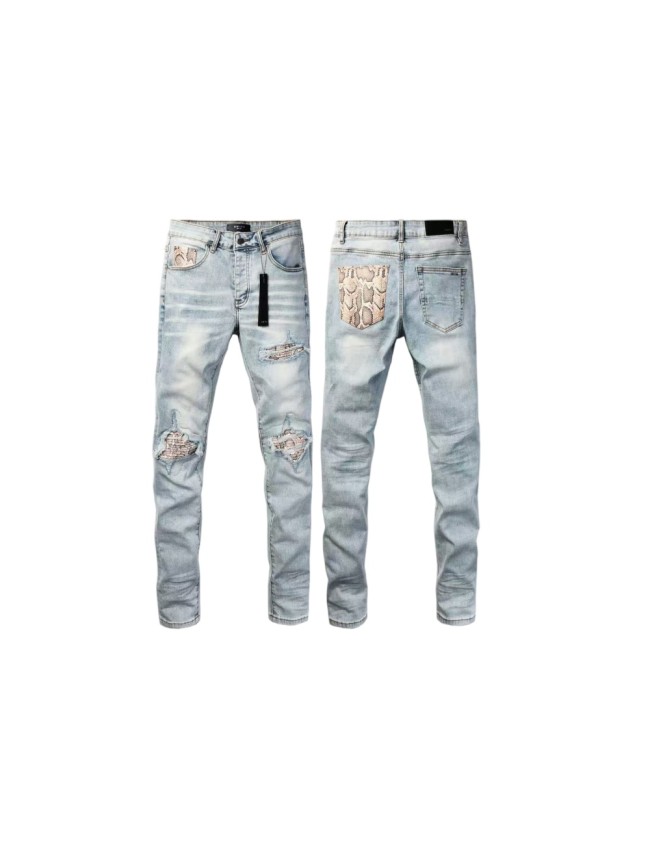 Amiri 1:1 quality version Heavy Wash Snakeskin Patch Frayed Ripped Skinny Denim Jeans 29474841