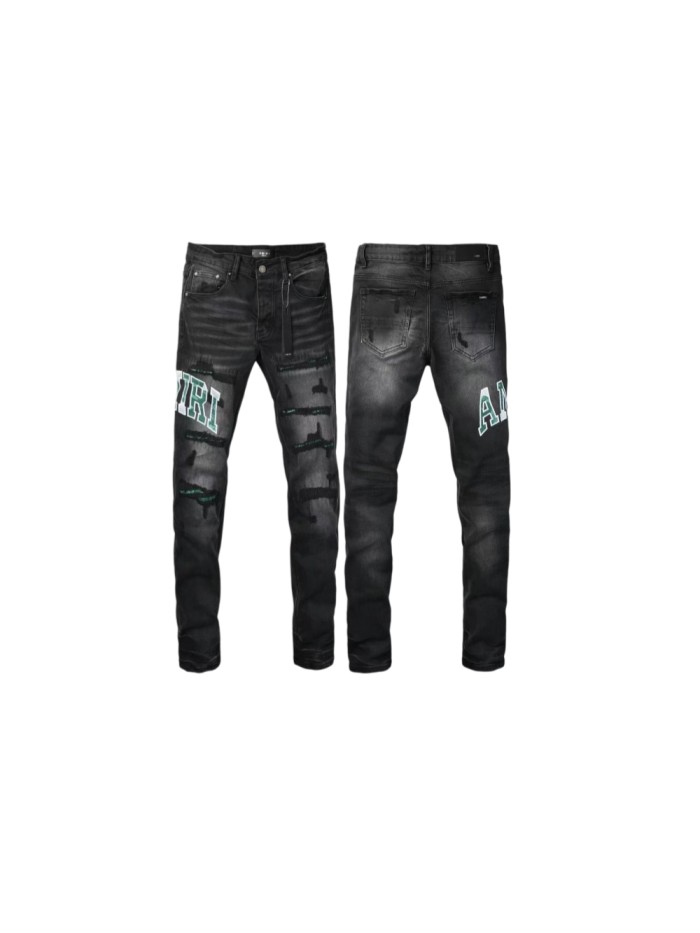 Amiri 1:1 quality version Wash Green Camo Letter Patch Frayed Ripped Skinny Denim Jeans 29474848