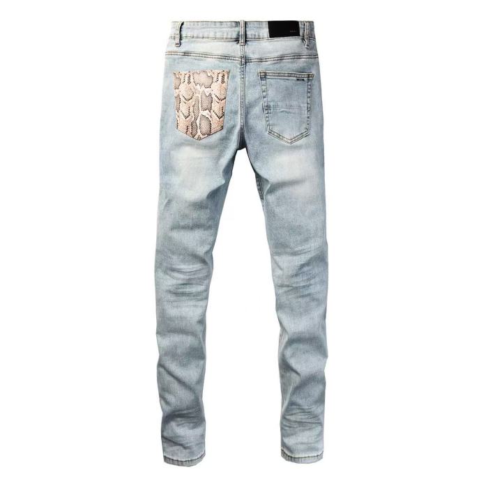Amiri 1:1 quality version Heavy Wash Snakeskin Patch Frayed Ripped Skinny Denim Jeans 29474841