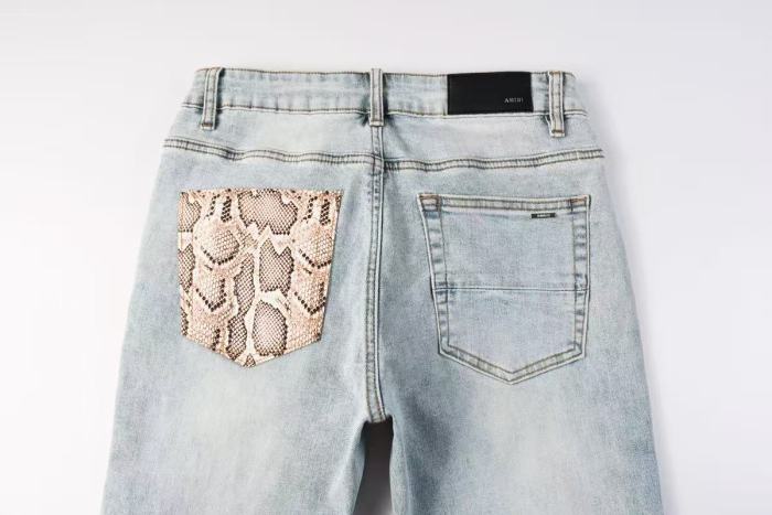 Amiri 1:1 quality version Heavy Wash Snakeskin Patch Frayed Ripped Skinny Denim Jeans 29474841