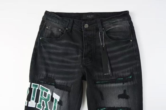 Amiri 1:1 quality version Wash Green Camo Letter Patch Frayed Ripped Skinny Denim Jeans 29474848