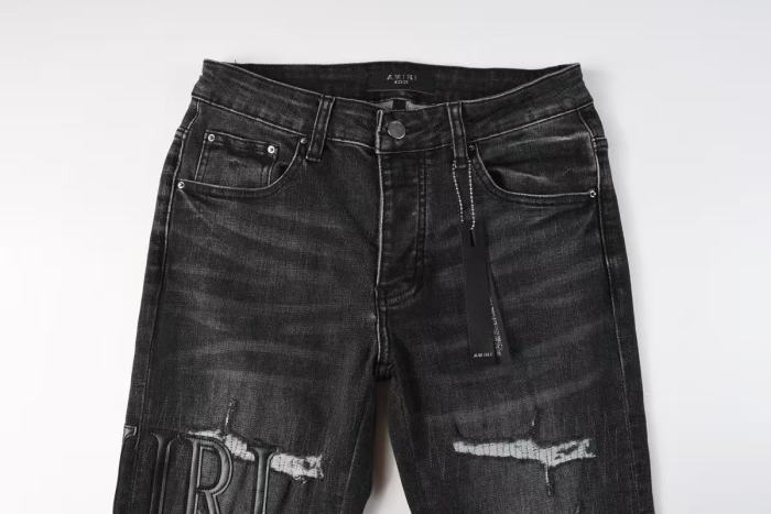 Amiri 1:1 quality version Wash Black Leather Letter Patch Mesh Underlay Frayed Ripped Jeans 29474963