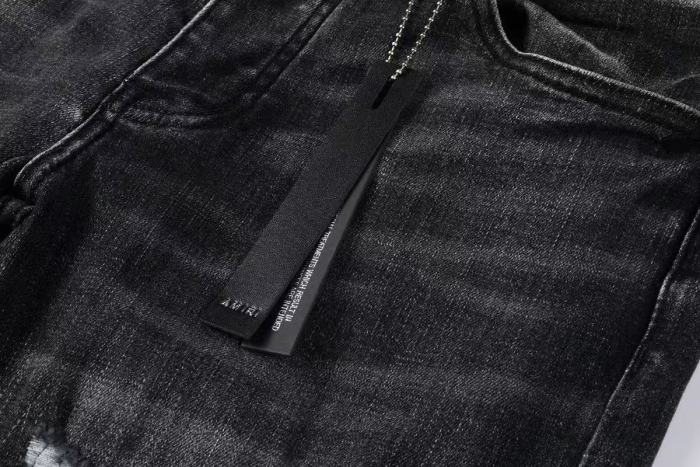 Amiri 1:1 quality version Wash Black Leather Letter Patch Mesh Underlay Frayed Ripped Jeans 29474963