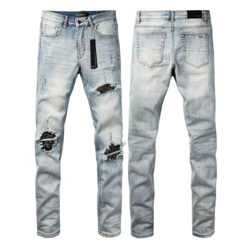 Amiri 1:1 quality version Wash Rhinestone Stud Patch Frayed Ripped Skinny Jeans 2 colors 29474990