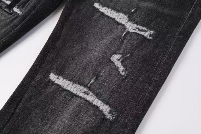 Amiri 1:1 quality version Wash Black Leather Letter Patch Mesh Underlay Frayed Ripped Jeans 29474963