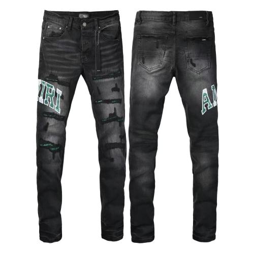 Amiri 1:1 quality version Wash Green Camo Letter Patch Frayed Ripped Skinny Denim Jeans 29474848
