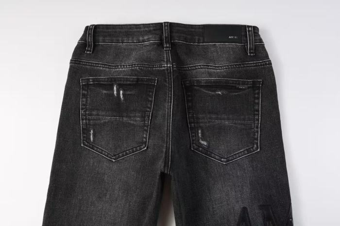 Amiri 1:1 quality version Wash Black Leather Letter Patch Mesh Underlay Frayed Ripped Jeans 29474963