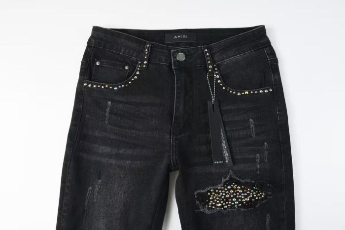 Amiri 1:1 quality version Wash Rhinestone Stud Patch Frayed Ripped Skinny Jeans 2 colors 29474990