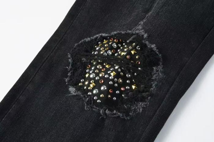 Amiri 1:1 quality version Wash Rhinestone Stud Patch Frayed Ripped Skinny Jeans 2 colors 29474990