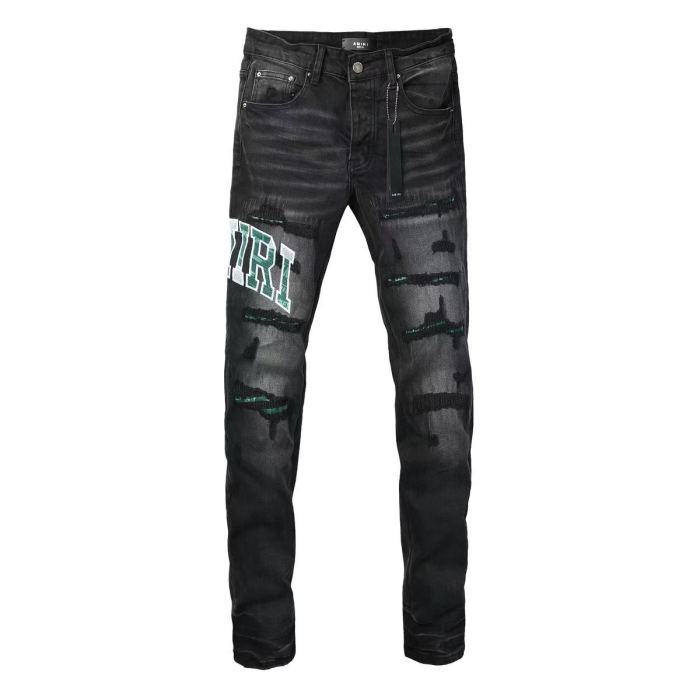 Amiri 1:1 quality version Wash Green Camo Letter Patch Frayed Ripped Skinny Denim Jeans 29474848