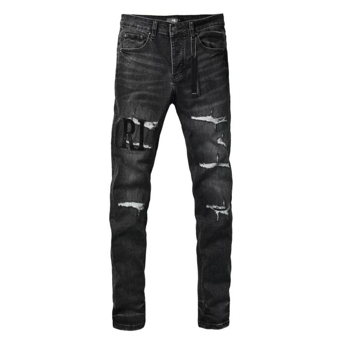 Amiri 1:1 quality version Wash Black Leather Letter Patch Mesh Underlay Frayed Ripped Jeans 29474963