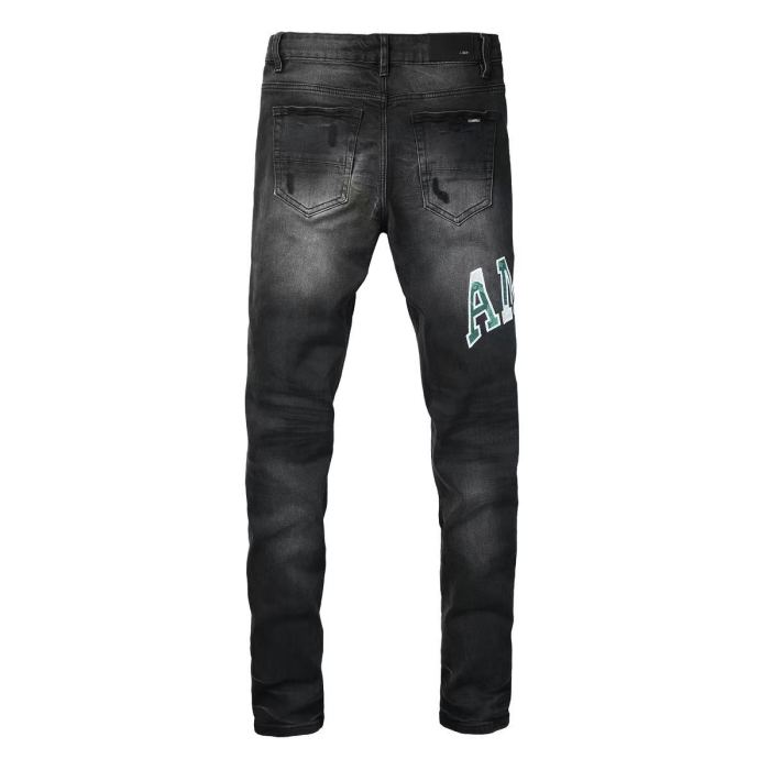 Amiri 1:1 quality version Wash Green Camo Letter Patch Frayed Ripped Skinny Denim Jeans 29474848