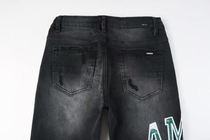 Amiri 1:1 quality version Wash Green Camo Letter Patch Frayed Ripped Skinny Denim Jeans 29474848
